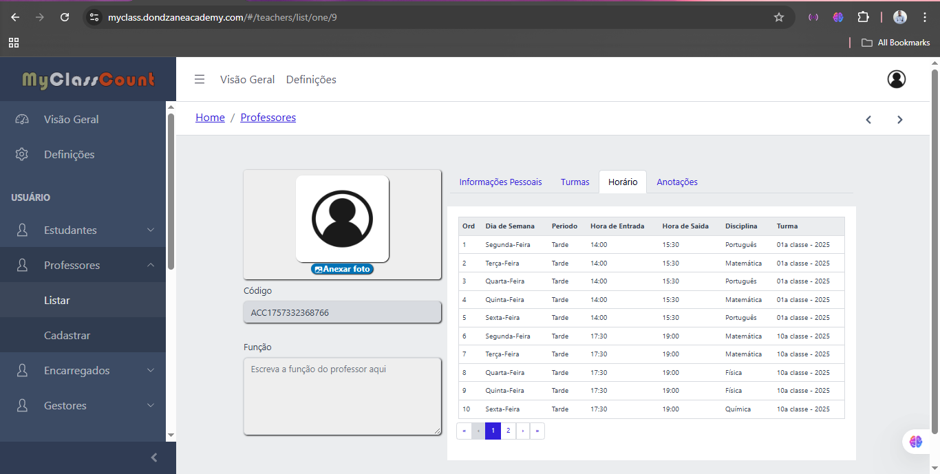 Horário do professor