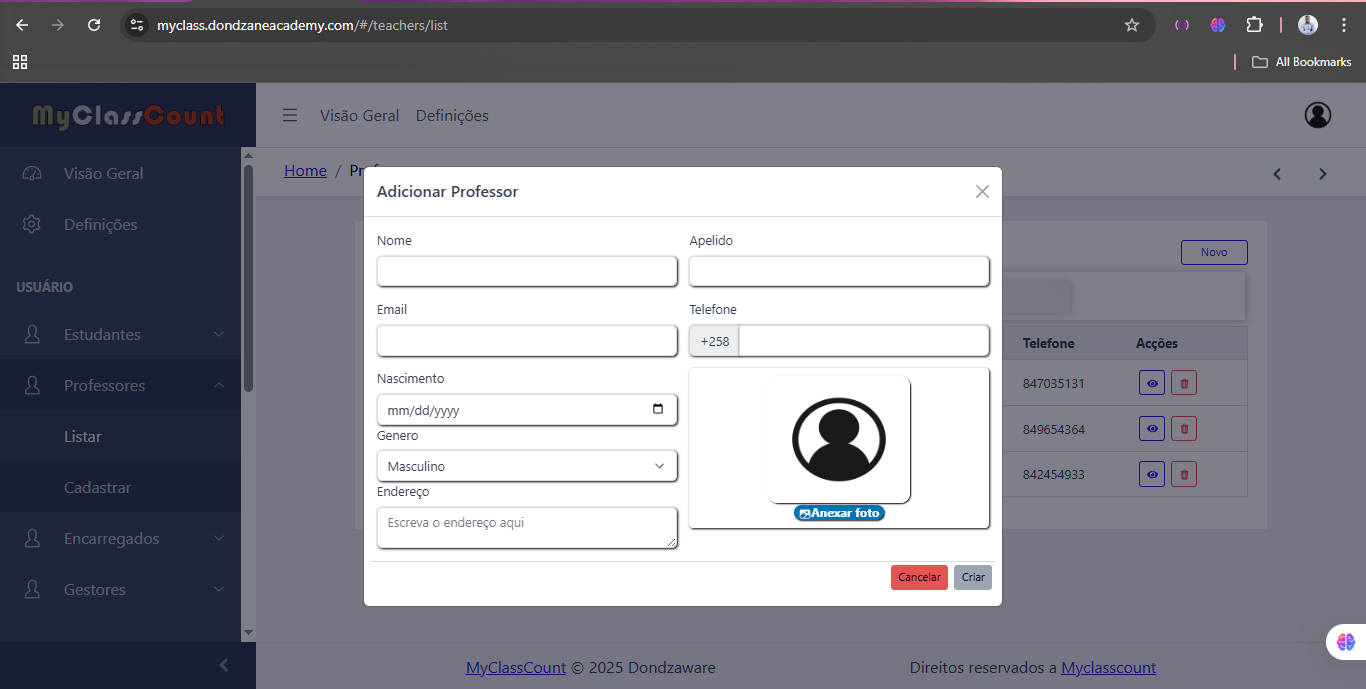 Formulário de professor